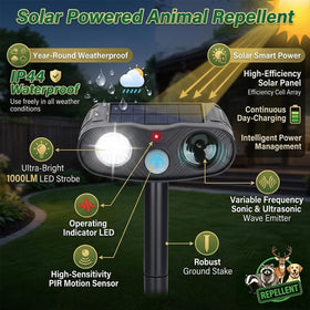 ZLieatmp solar animal repeller motion sensor emphasizes wide detection range up to 30 feet.