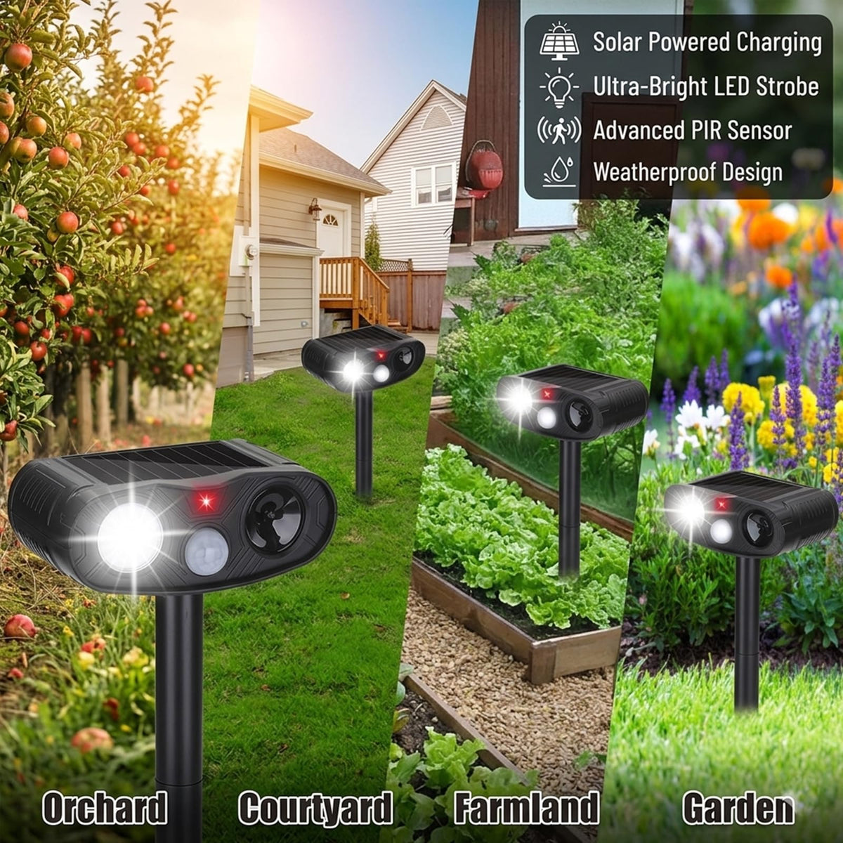 ZLieatmp solar animal repeller weather-ready ABS construction withstands rain and snow.