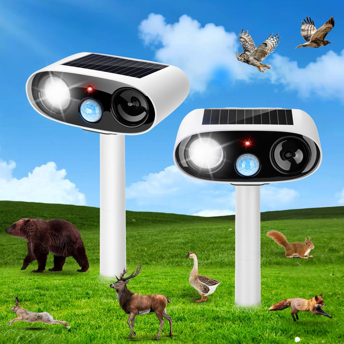 ZLieatmp solar ultrasonic animal repeller front view deters wildlife from your garden.