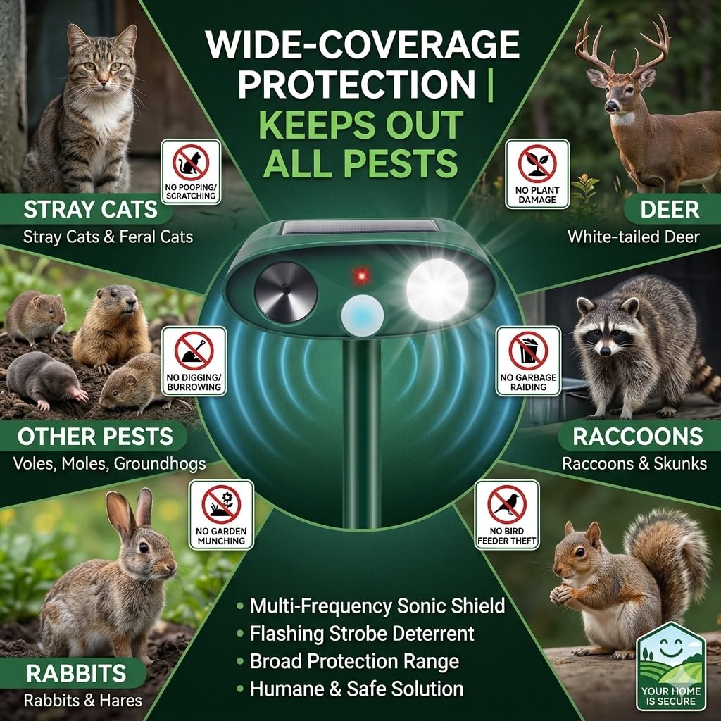 ZLieatmp solar ultrasonic repeller with motion sensor protecting yard from roaming animals.