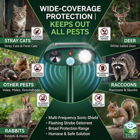 ZLieatmp solar ultrasonic repeller with motion sensor protecting yard from roaming animals.