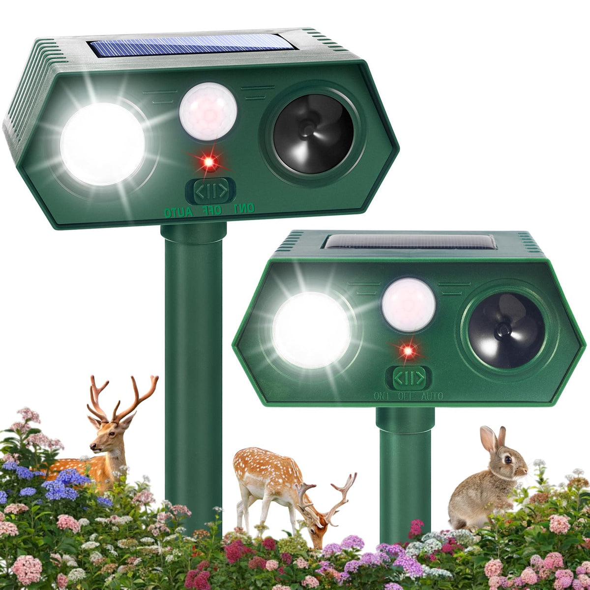 ZLieatmp Sonic Fortress Pro deer repellent outdoors protecting garden beds.