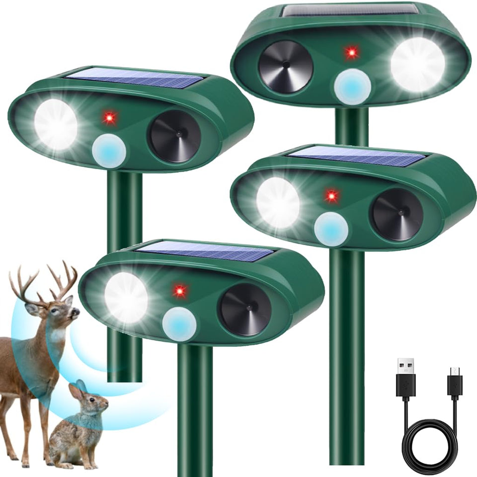 ZLieatmp Sonic Fortress Pro deer repellent in action deterring deer from garden at night.
