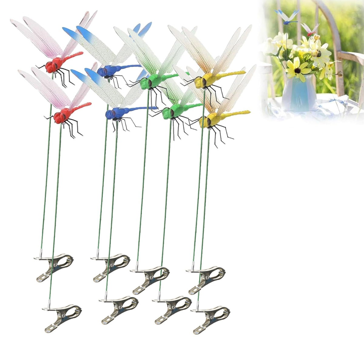 ZLMC 8-pack outdoor 3D dragonfly clip adds vibrant color to pots and beds.
