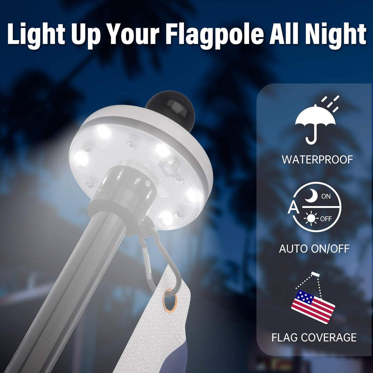ZMTECH flag pole kit installed at dusk with solar light for night visibility.