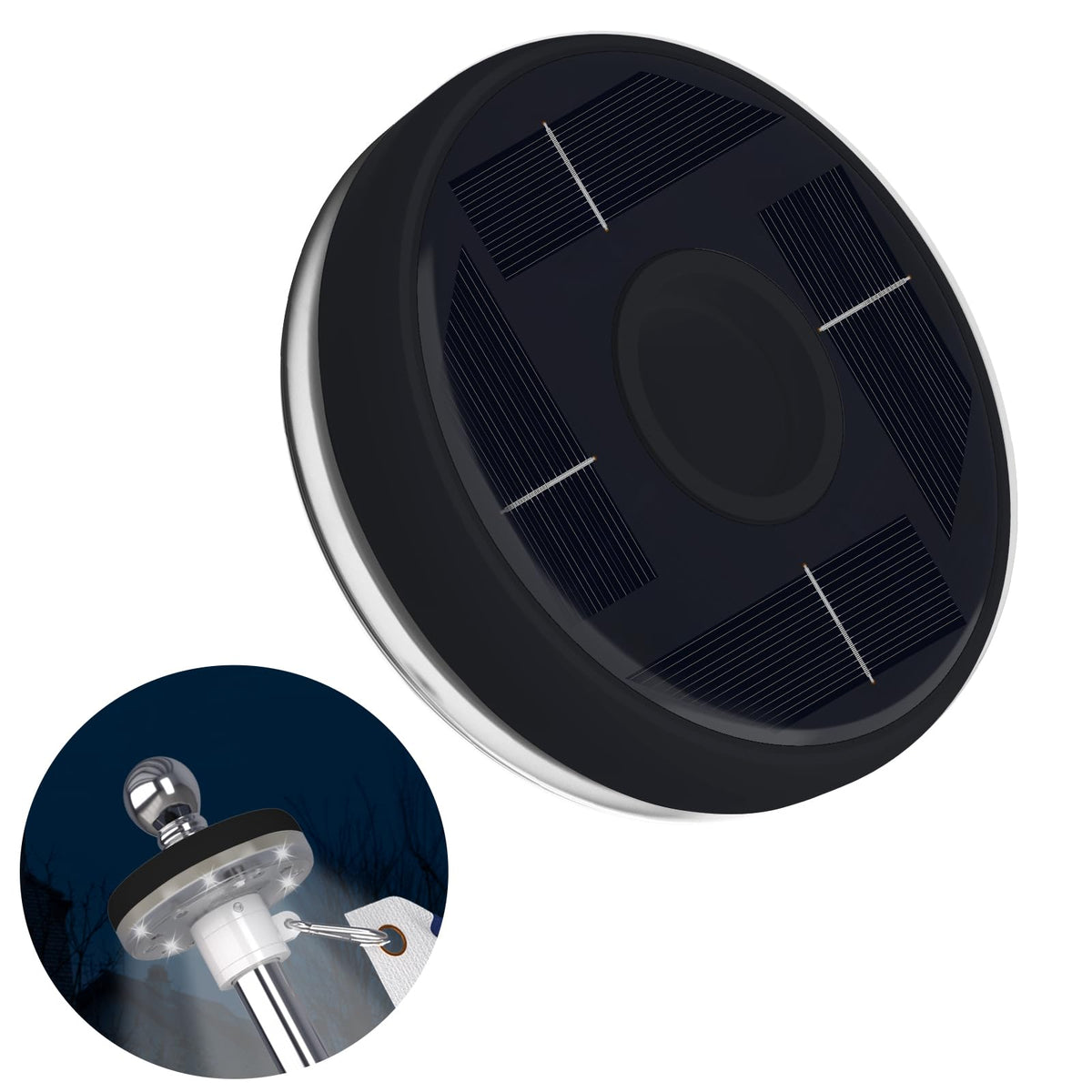 ZMTECH outdoor solar flag pole light illuminating a flag for nighttime visibility.