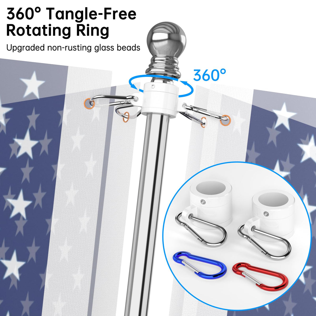 ZMTECH tangle-free flag pole and bracket reduce wind tangling risk.