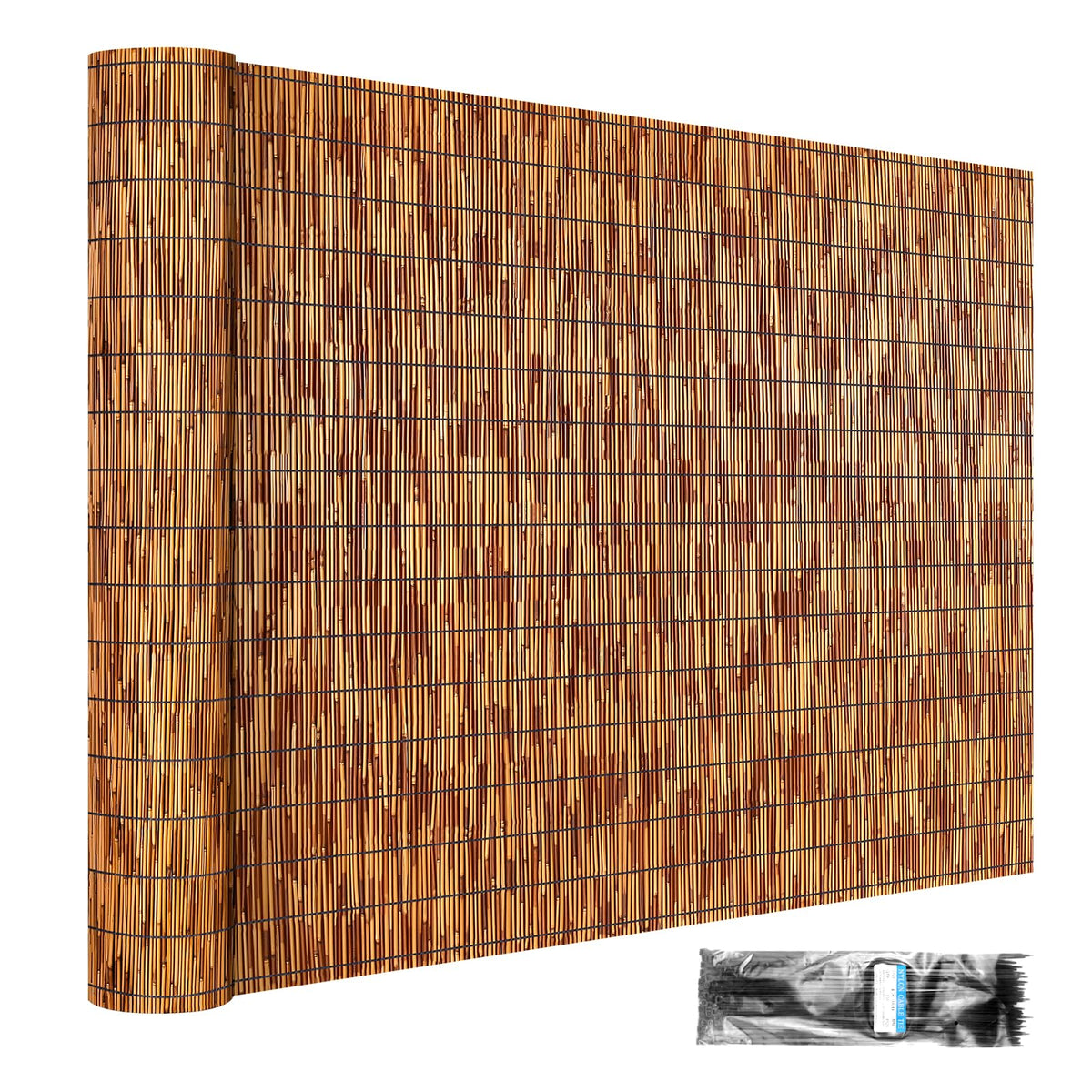 ZNCMRR Reed fence roll in brown provides balcony privacy with breathable light.