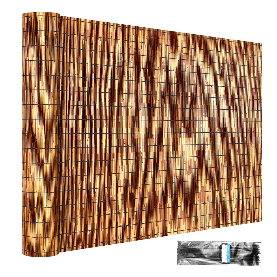 ZNCMRR Reed fence roll in brown provides balcony privacy with breathable light.