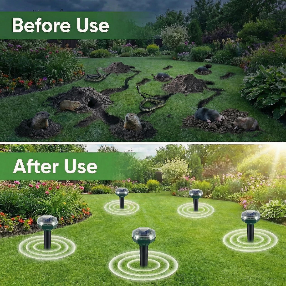 ZNZTO Yard protection in action with ultrasonic burrow deterrence.