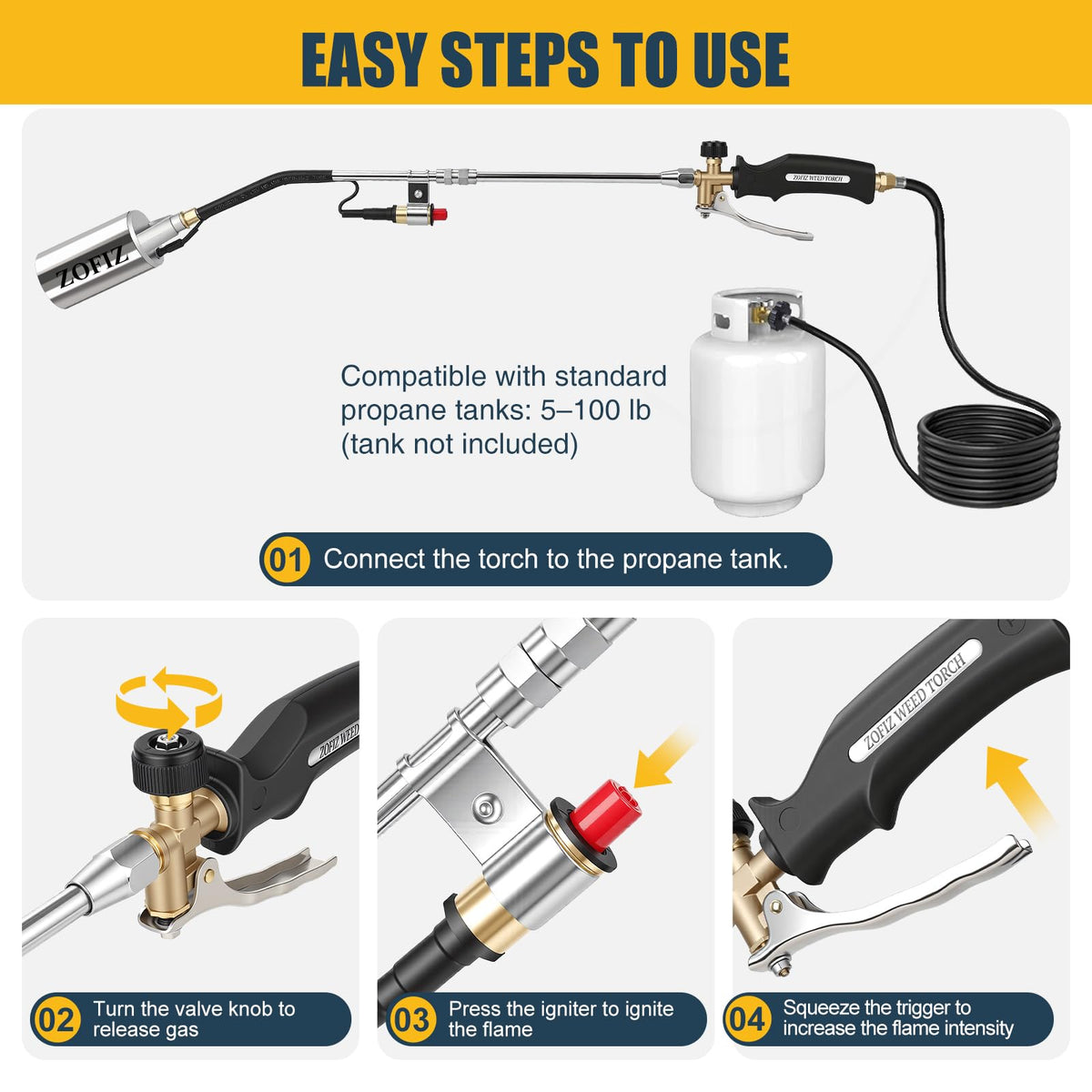 ZOFIZ propane torch with 10ft hose for extended reach.