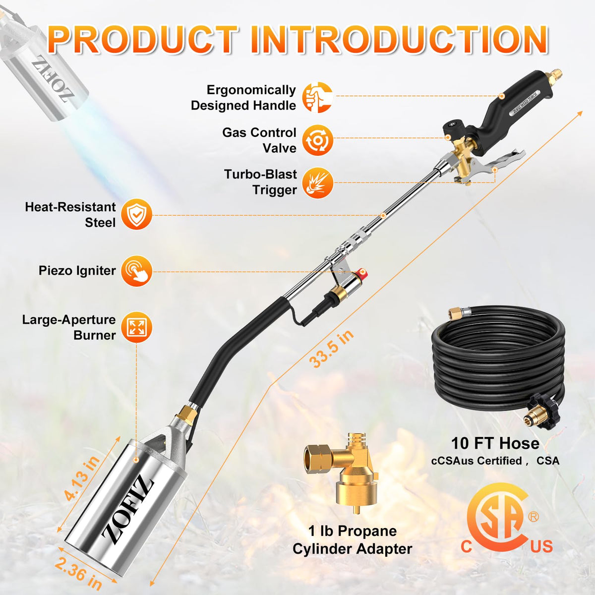 ZOFIZ propane torch with 33.5 inch extended design for upright use