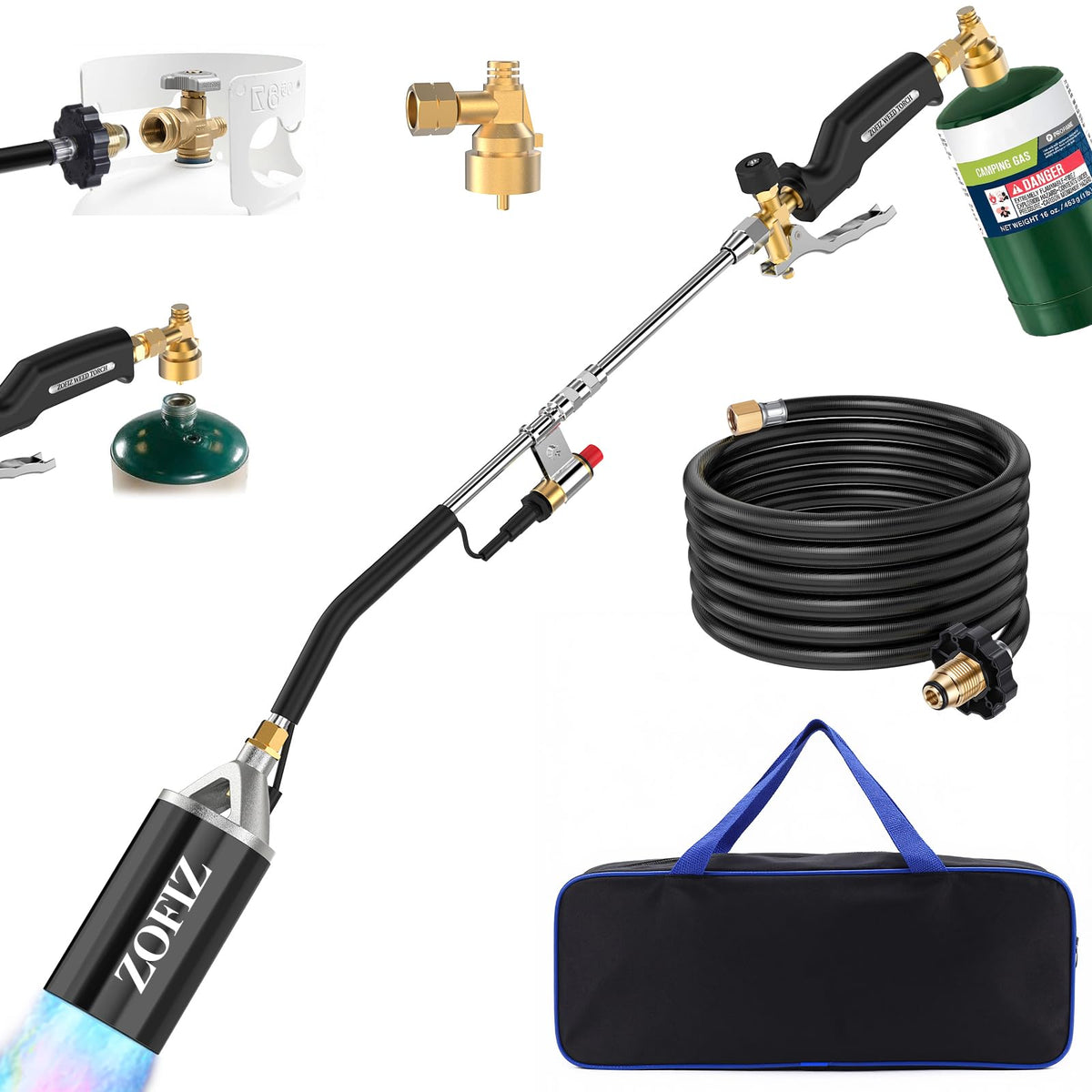 ZOFIZ propane torch ignition closeup demonstrates quick, safe startup for outdoor tasks.