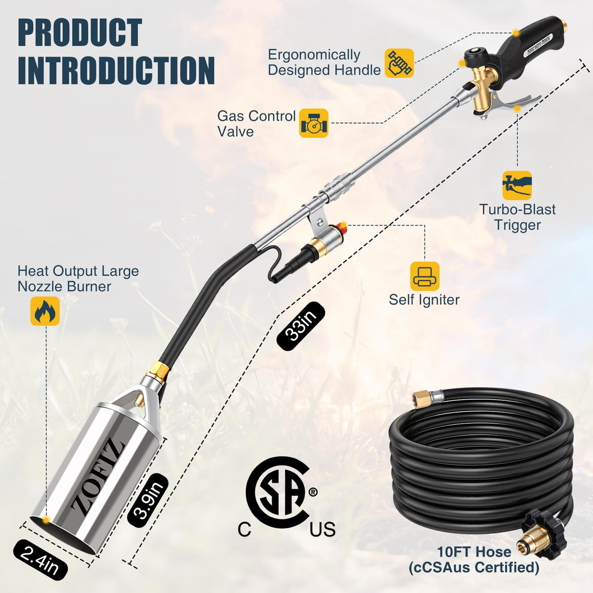 ZOFIZ propane torch turbo trigger enabling fast, precise flame control.