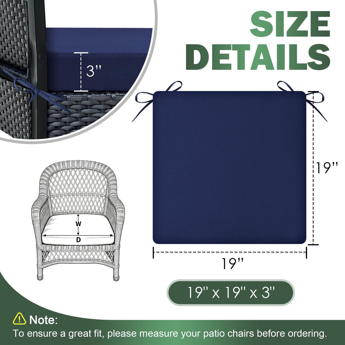 Zonamat navy blue cushions with ties stay secure on chairs.