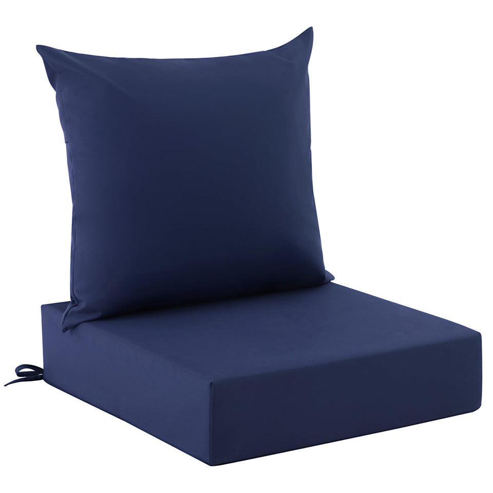 Zonamat outdoor cushions full set on a chair demonstrating deep-seat comfort