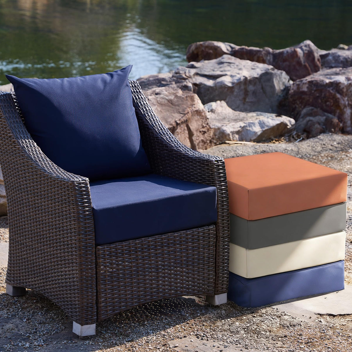 Zonamat cushions on a balcony create inviting poolside seating