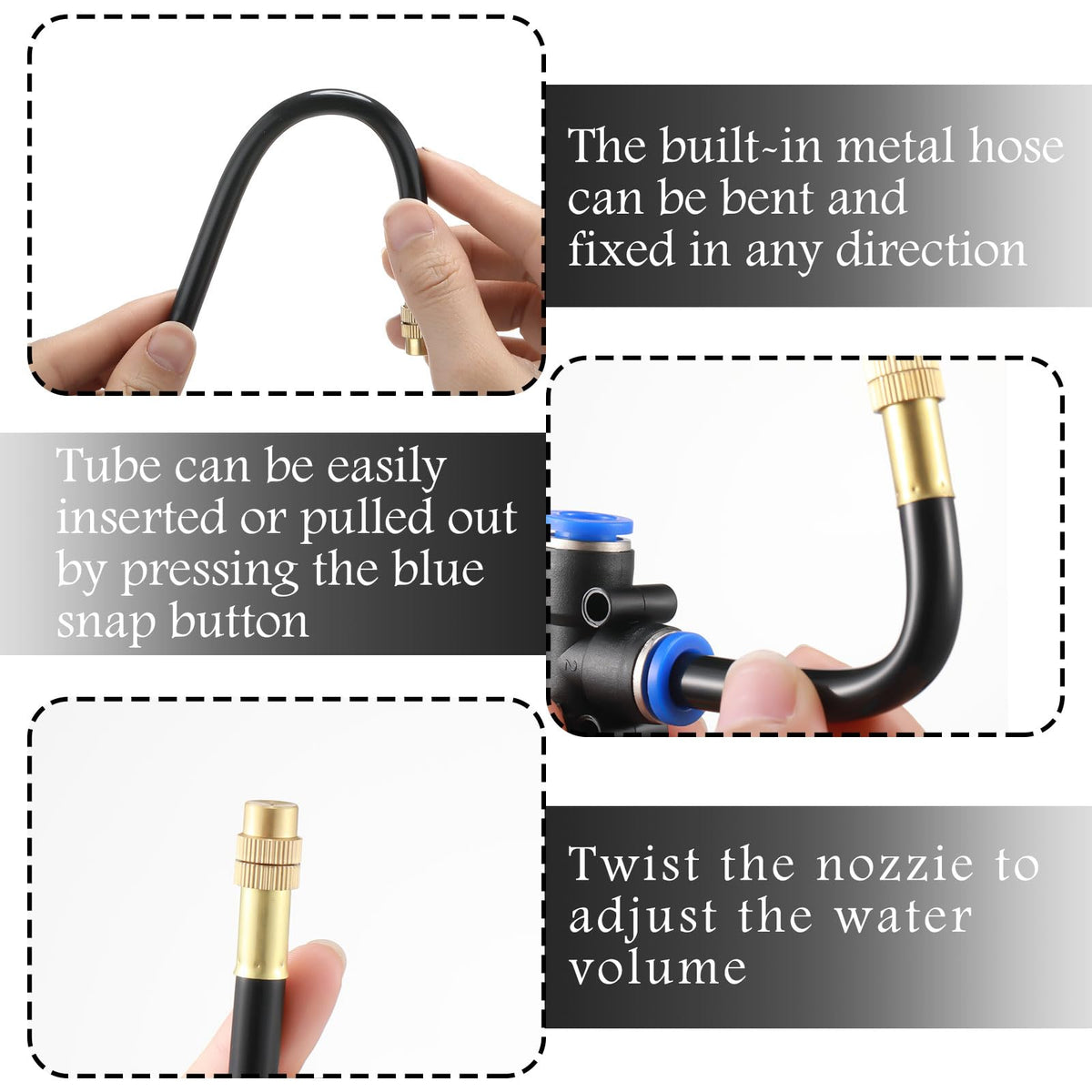 Zonon brass misting nozzle features a blue button for quick, tool-free installation.