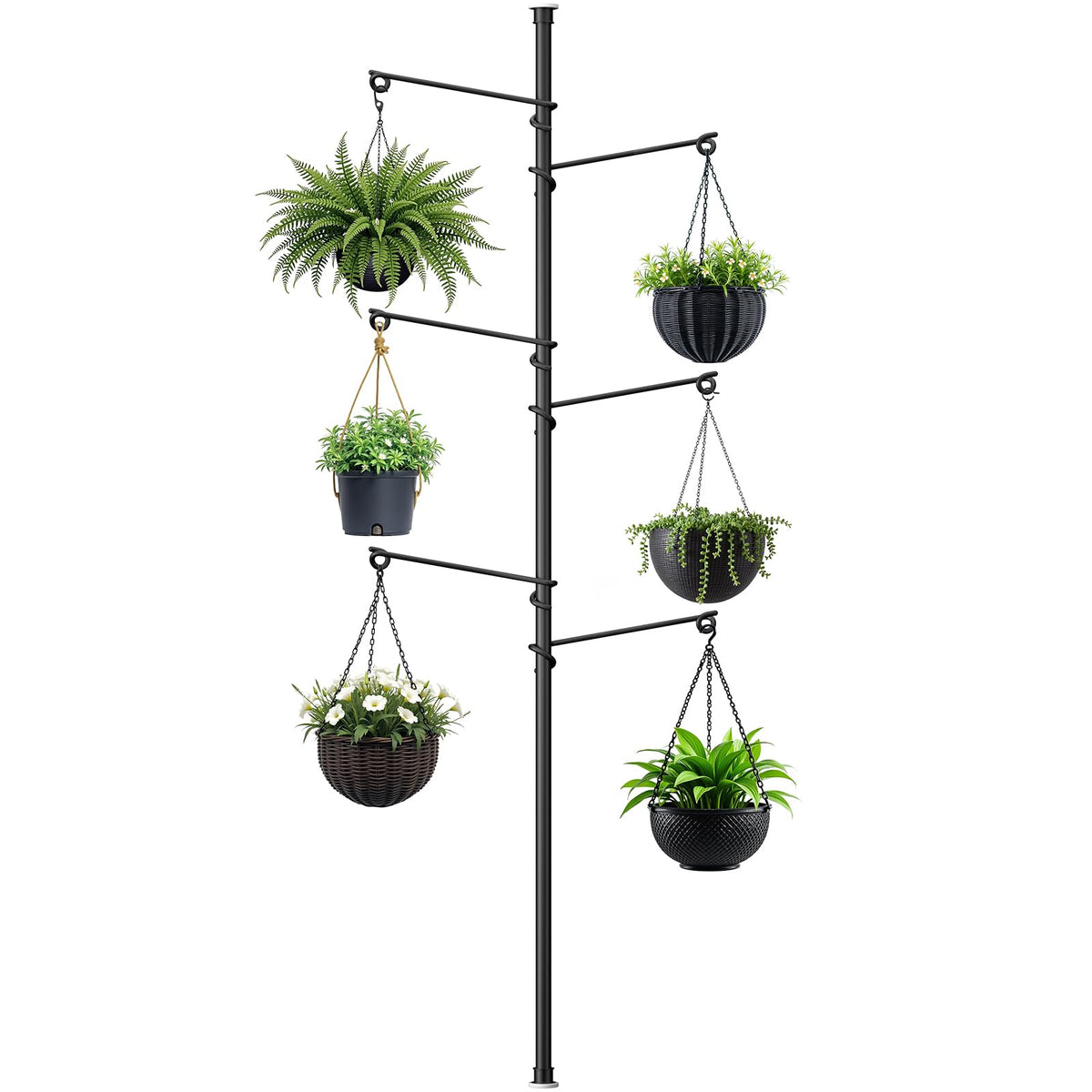 Zononoca tension rod plant stand demonstrates space-saving vertical gardening for small spaces.