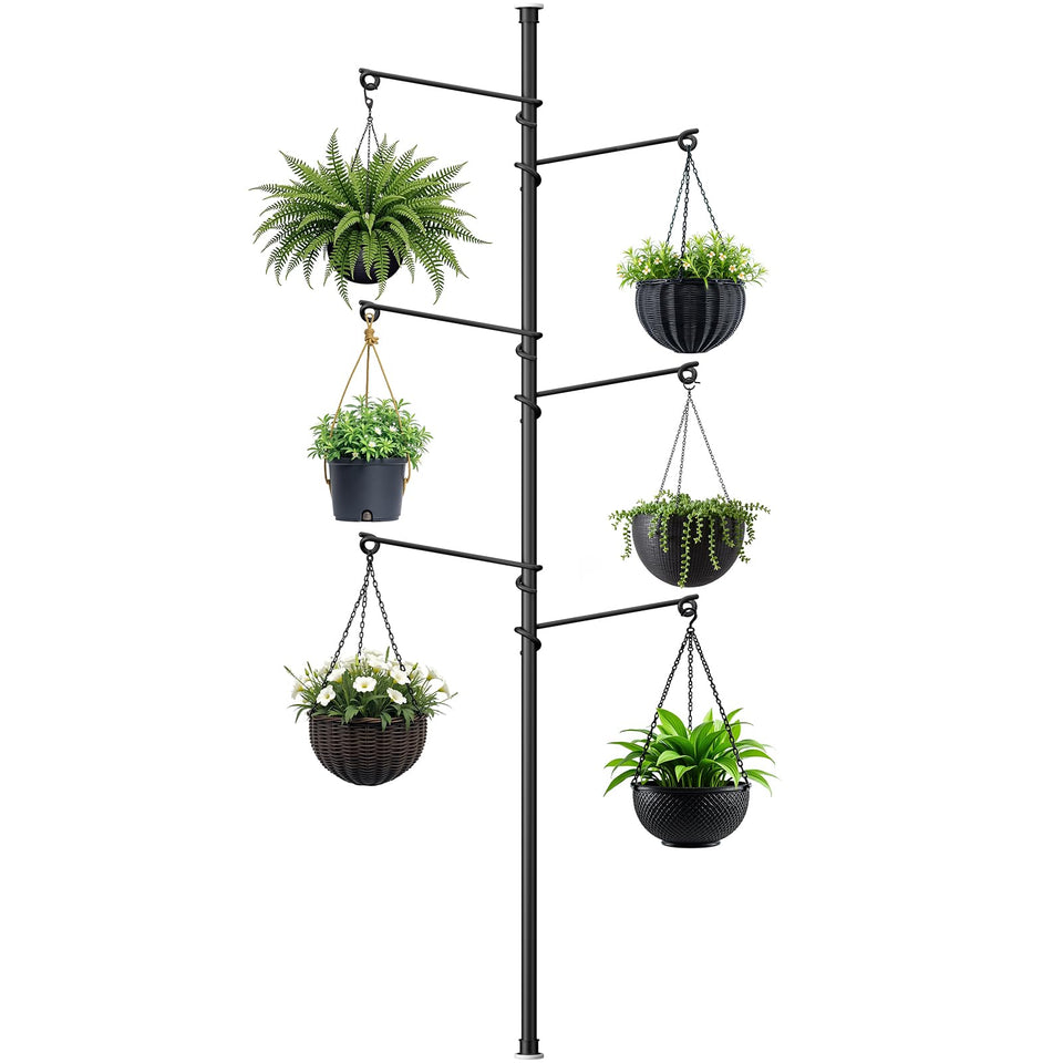 Zononoca tension rod plant stand demonstrates space-saving vertical gardening for small spaces.