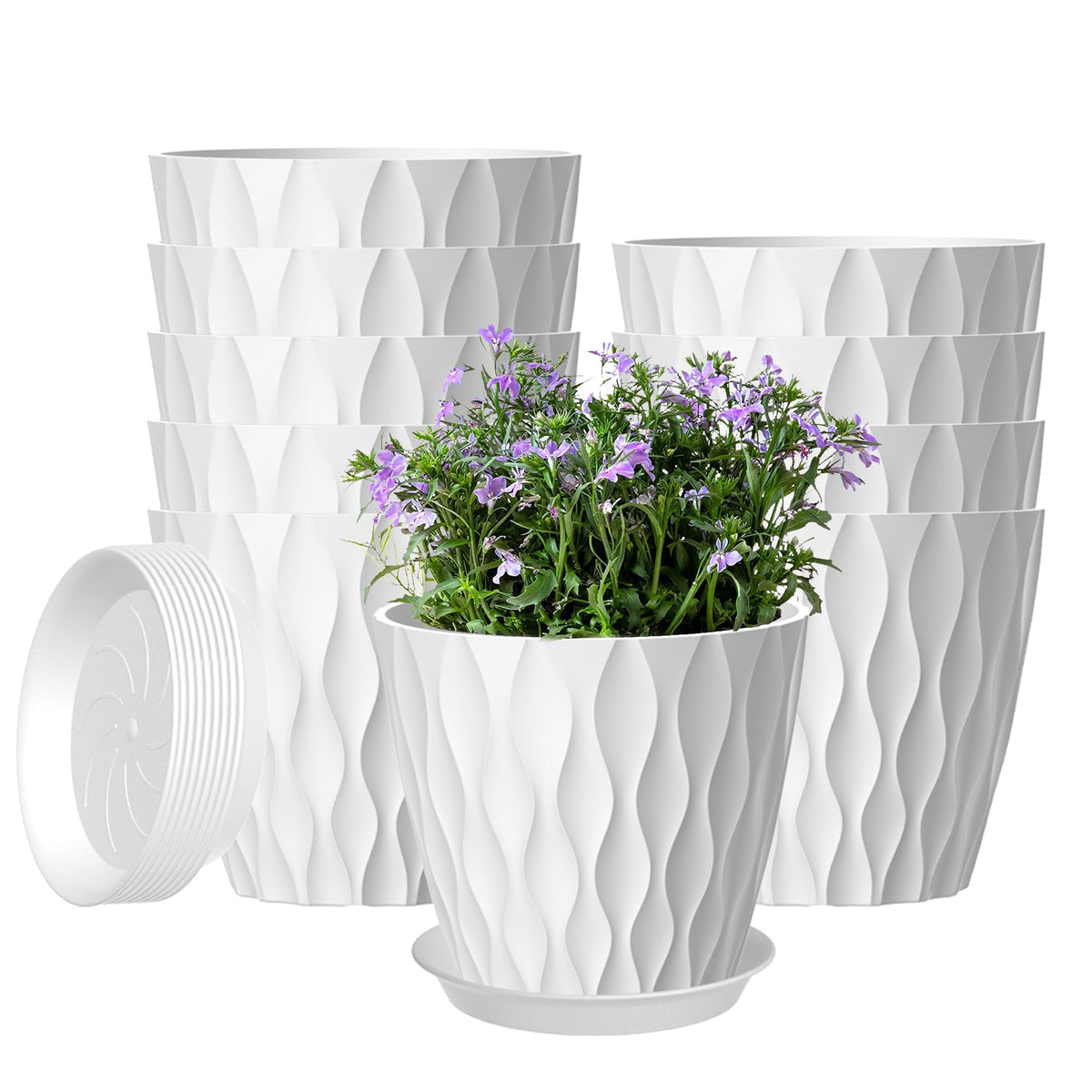 Zople 10-pack plant pots with drainage and saucers for indoor and outdoor use.