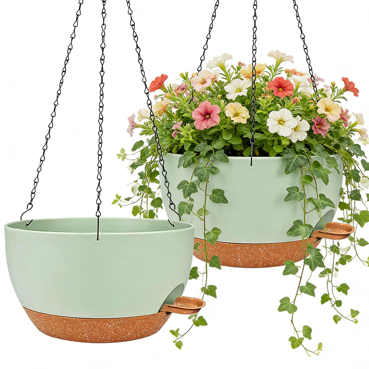 Zople 12-inch self-watering hanging planter reservoir keeps indoor plants hydrated.