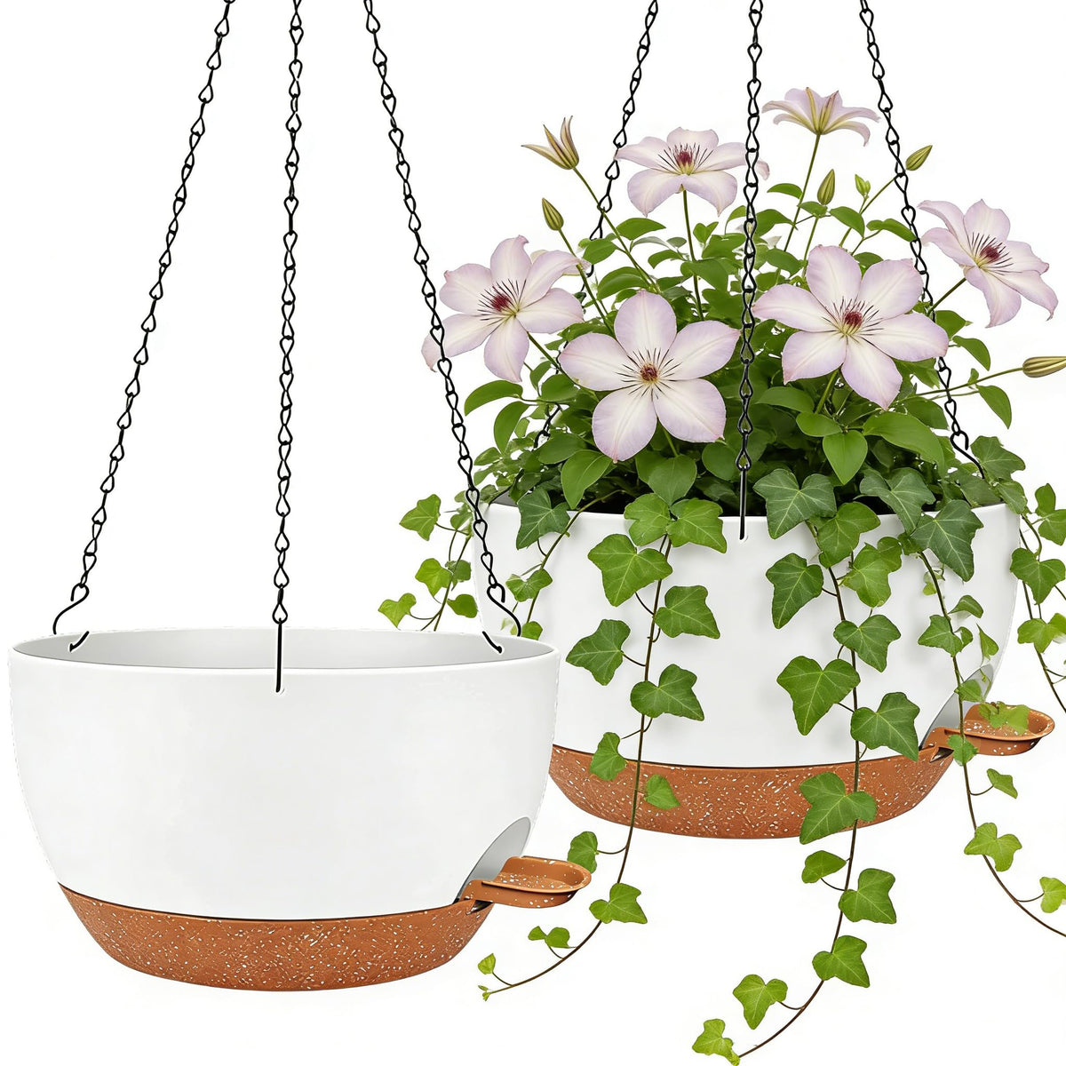 Zople 12-inch self-watering hanging planter in white and brown set for indoor or outdoor use