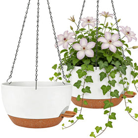Zople 12-inch self-watering hanging planter in white and brown set for indoor or outdoor use