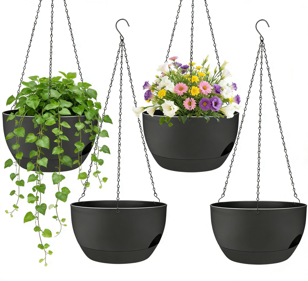 Zople 8-inch self-watering hanging planter set front view for indoor and outdoor use