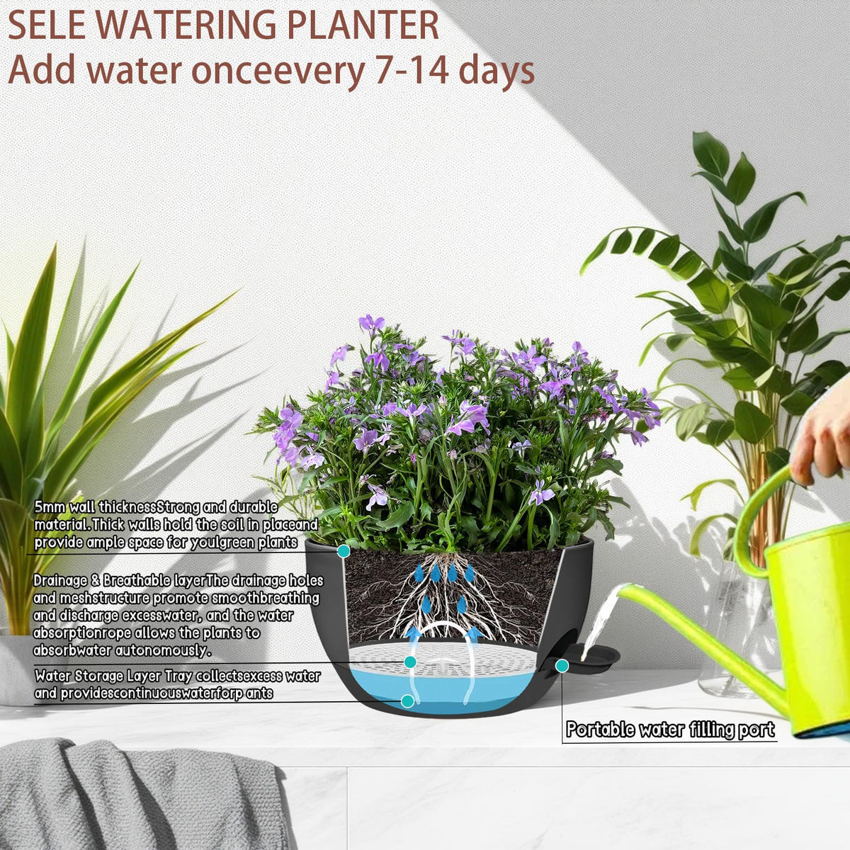 Zople black plastic planter designed for easy hanging and weather resilience.