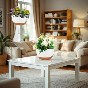 Zople two-pack hanging planters in white-brown decor orientation