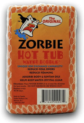 Zorbie Water Bobble orange floating sponge in a spa, absorbing oils.