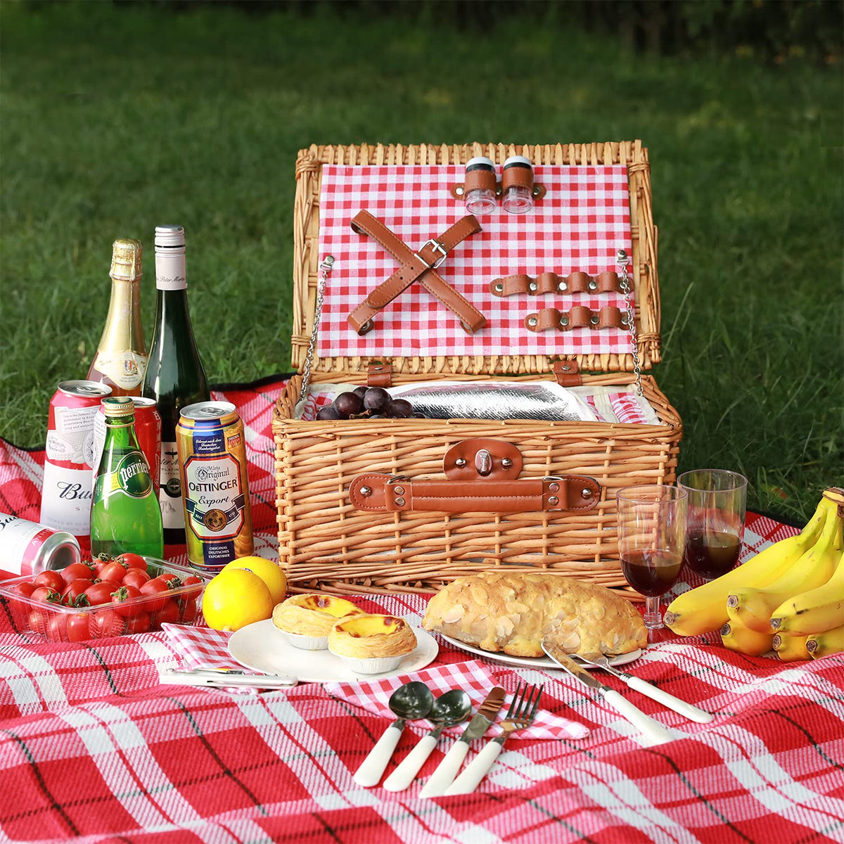 ZORMY wicker picnic basket set includes plates, glasses, and cutlery for ready-to-eat picnics.