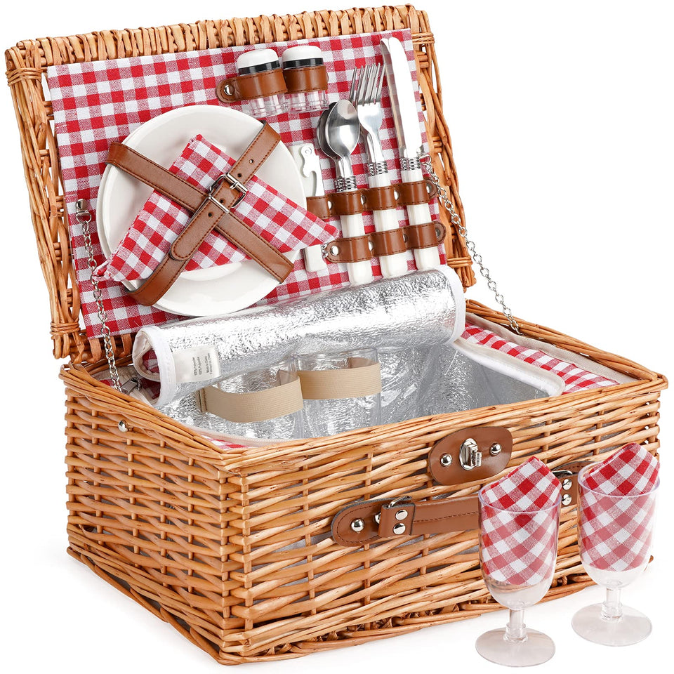 ZORMY wicker picnic basket with insulated compartment keeps foods at ideal temps during outings.