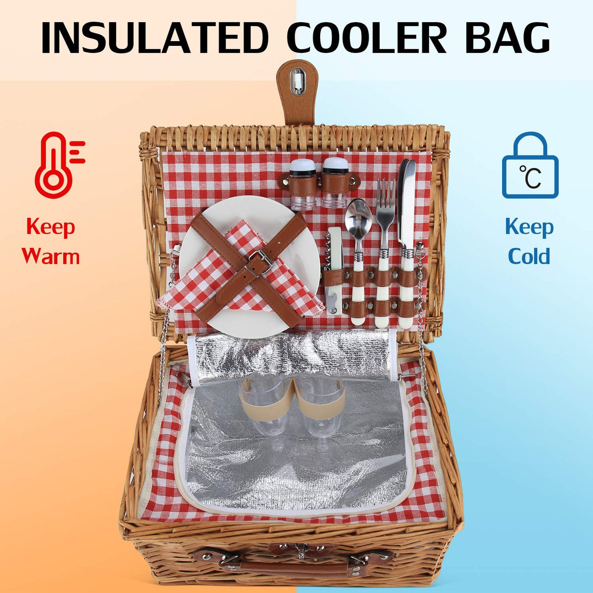 ZORMY insulated-wicker basket with compact carry handle for easy outdoor adventures.