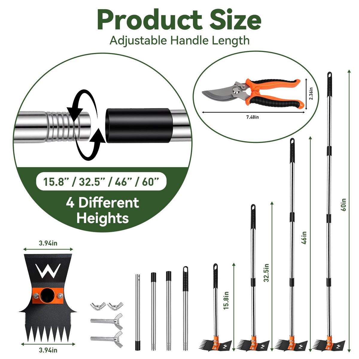 ZORSHUY 3-in-1 head showcases weed rake and hoe versatility for beds and paths.