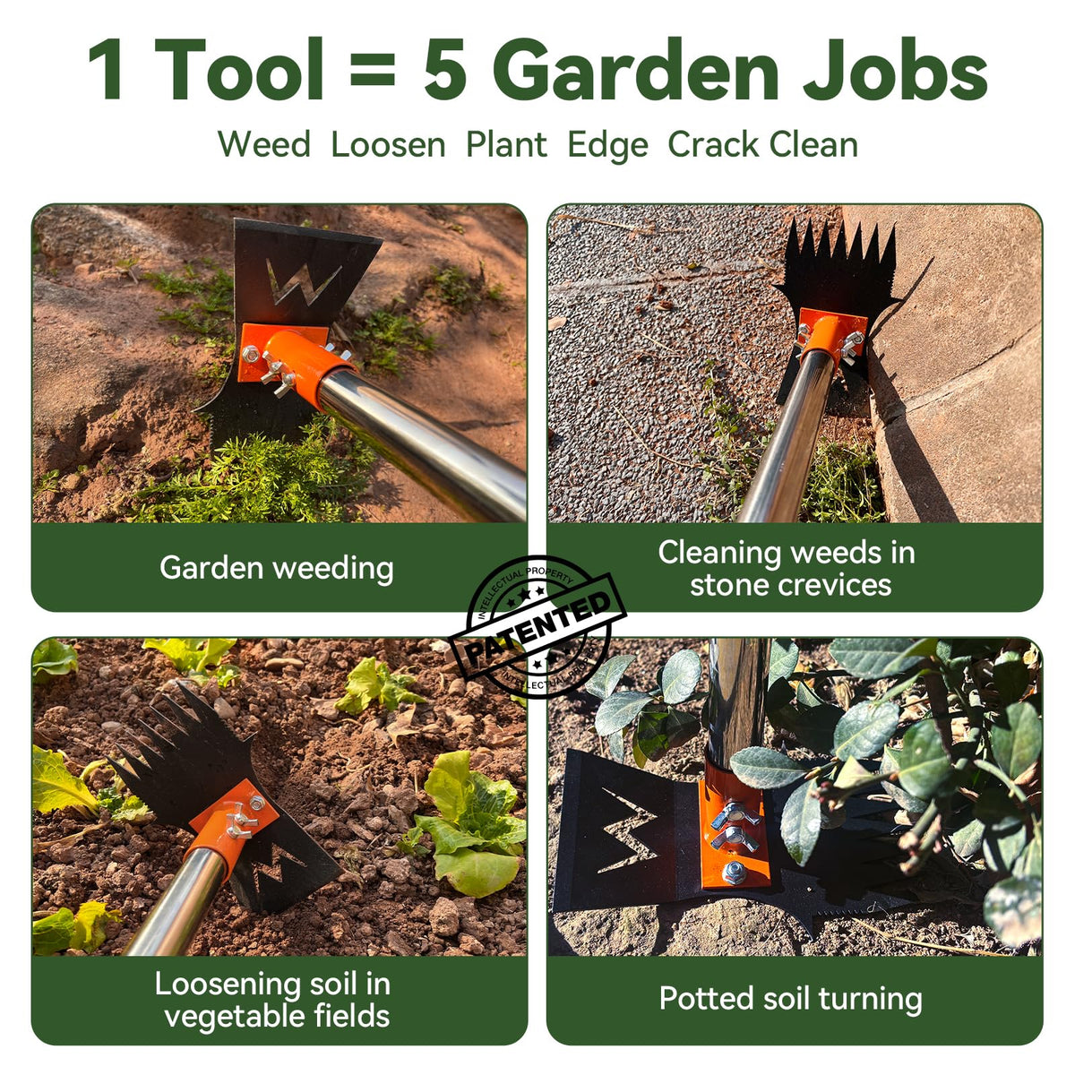 ZORSHUY adjustable handle 60-inch demonstrates stand-up gardening to reduce back strain.