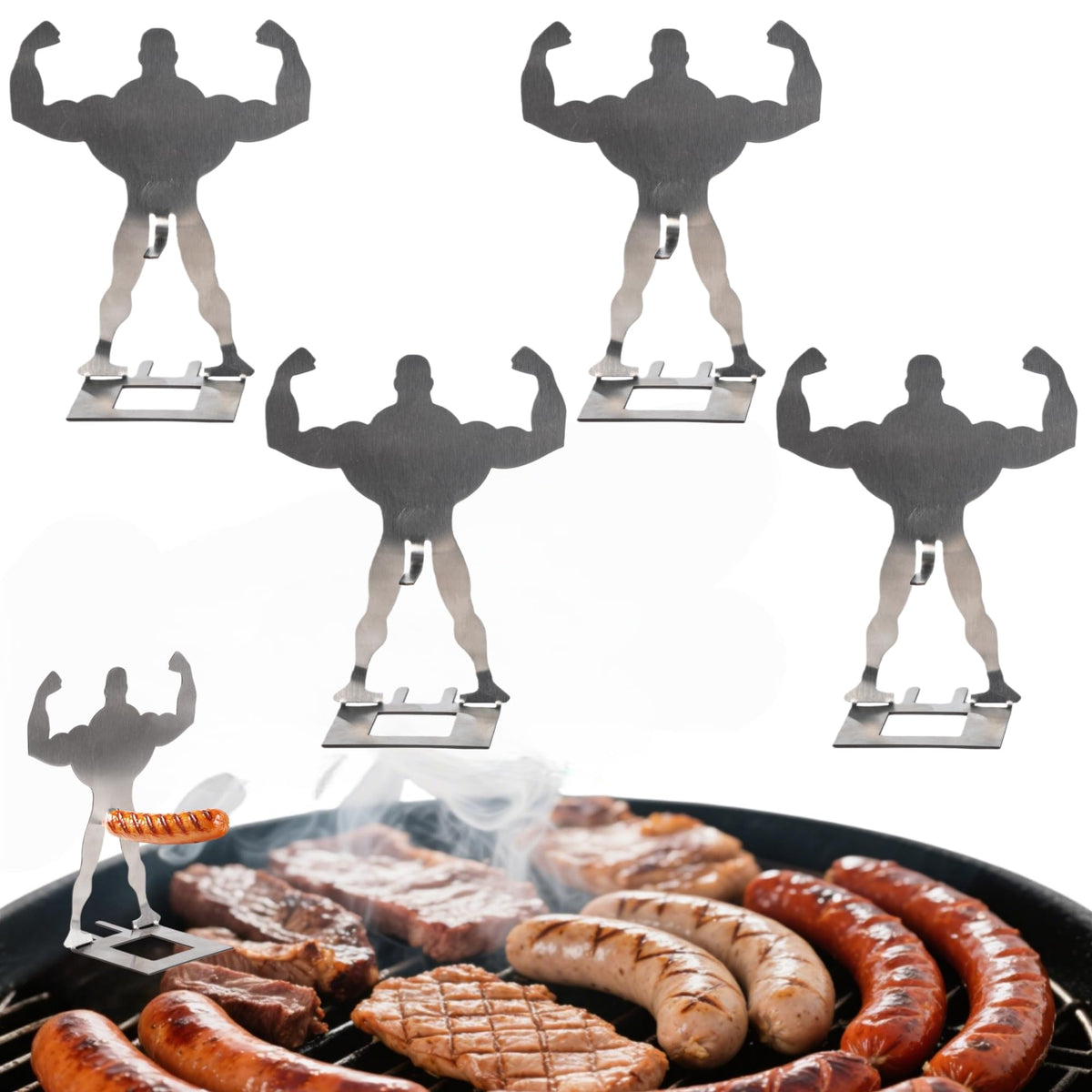Zorythm muscle-man hot dog stand on grill for sturdy grilling and easy serving