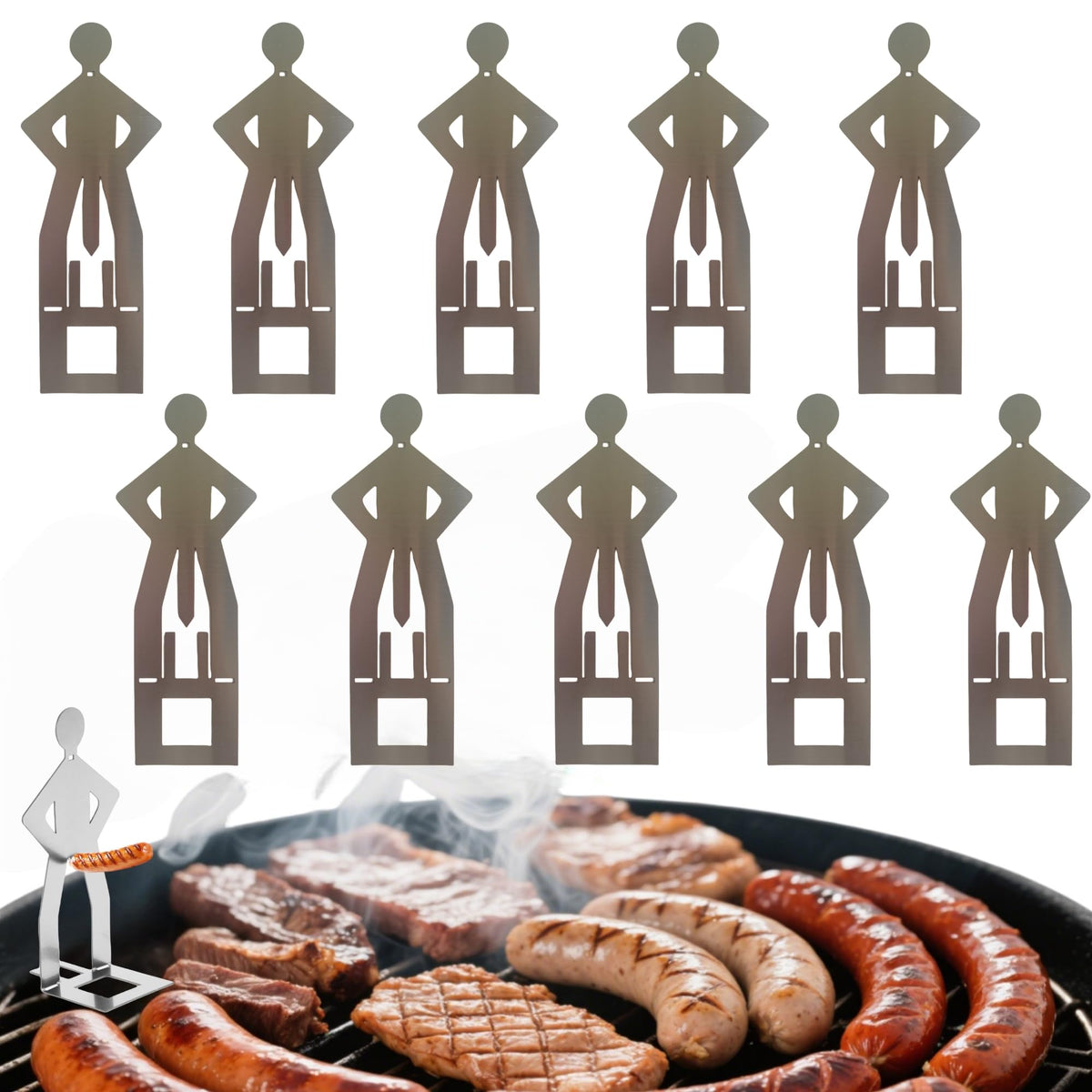 Zorythm standing-man hot dog holder on grill for playful grilling
