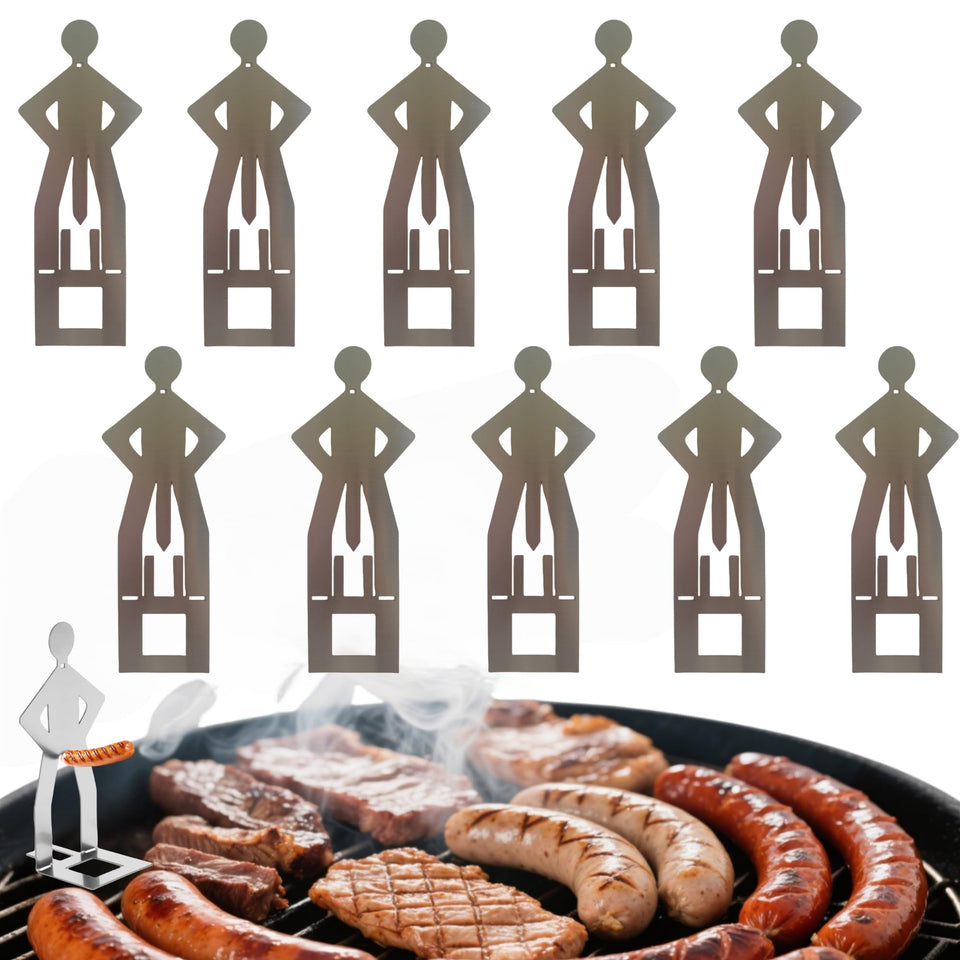 Zorythm standing-man hot dog holder on grill for playful grilling