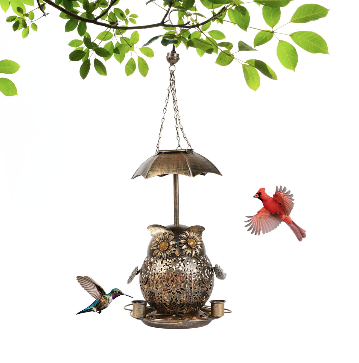 ZQMHJT owl-design solar bird feeder adds garden charm and feeding points.
