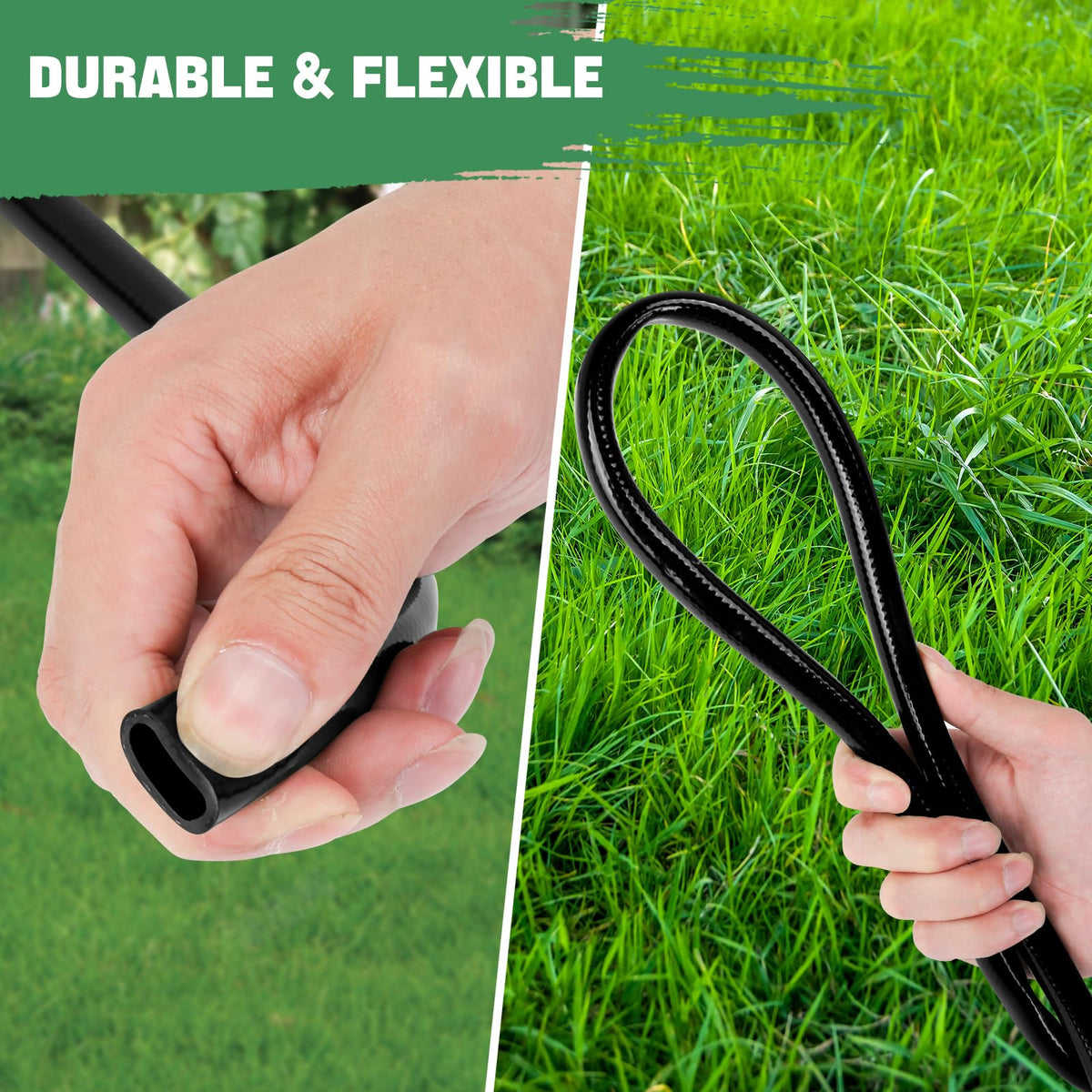Zquilabon flexible irrigation tube bending around plants and corners.