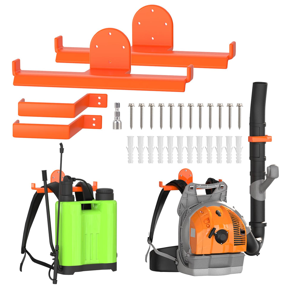 ZSLTLDU backpack blower rack angled view showing sturdy wall storage for heavy gear