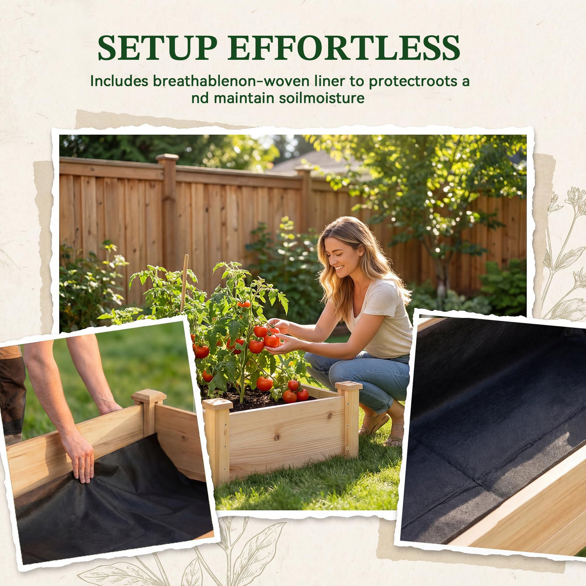 ZSYWODFO garden bed with liner protecting wood and soil.