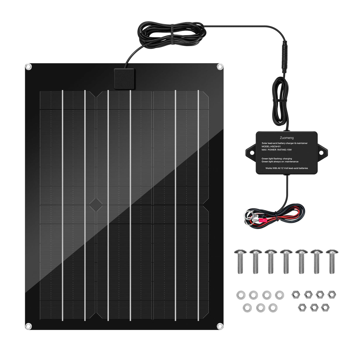 Zuomeng 15W solar panel kit mounted on a trailer for reliable battery top-off