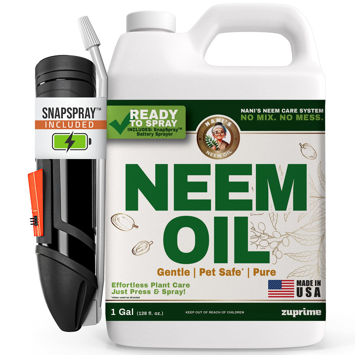 Zuprime Nani’s Neem Oil Spray bottle demonstrates easy, ready-to-use plant care.