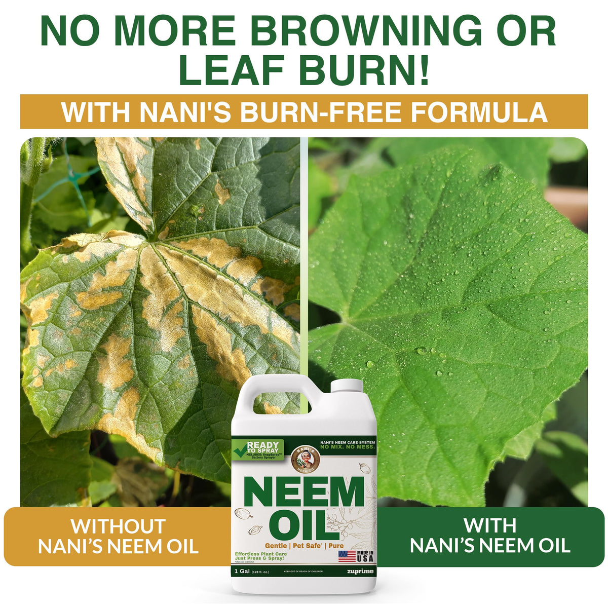 Zuprime Nani’s Neem Oil Spray with SnapSpray shows quick setup for fast treatment.