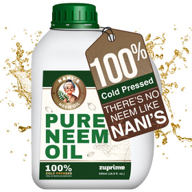 Zuprime Nani’s Pure Neem Oil bottle on a plant shelf enhancing shine