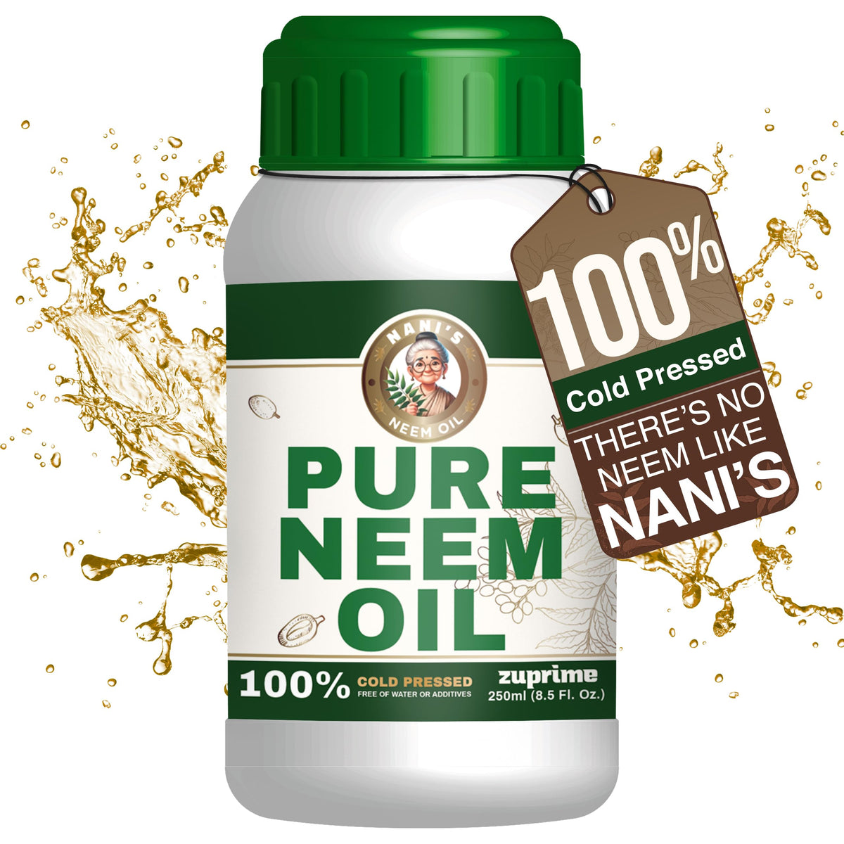 Zuprime Nani's Pure Neem Oil concentrate bottle for dilution and organic pest prevention.