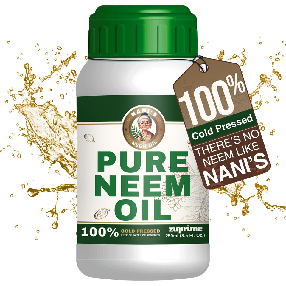 Zuprime Nani's Pure Neem Oil concentrate bottle for dilution and organic pest prevention.